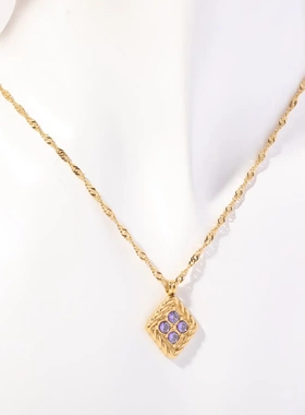 不锈钢十二月生辰石项链四边形12月诞生石吊坠锆石锁骨链女保