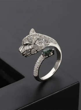 欧美时尚轻奢个性另类设计豹头微镶黄金款开口戒指配饰