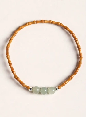 复古风细款橄榄核竹节和田玉石单圈手串女转运珠百搭闺蜜手链送礼