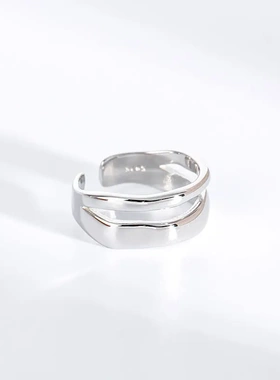 s925银韩版个性不规则双层开口戒指极简光面波浪指环冷淡风