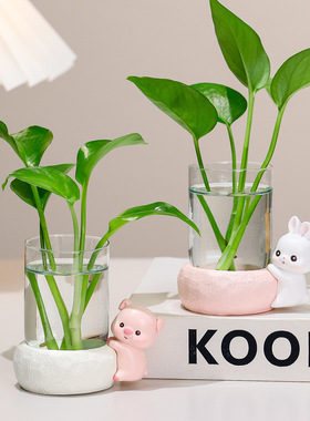 萌宠动物透明玻璃花瓶家居客厅水培绿萝装饰摆件鲜花插花器皿装饰