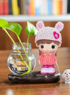 水培家居摆件呆萌情侣娃娃插花水培绿萝花瓶玄关上装饰品绿植水养