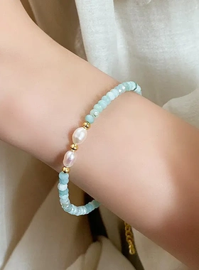 小清新蓝色天河石珍珠手链简约时尚手环百搭通勤高级感手饰女