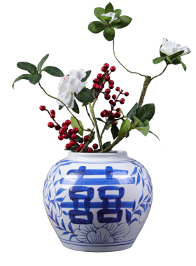 新中式手绘青花瓷喜字陶瓷花瓶摆件复古居家客厅装饰民Y宿文艺插