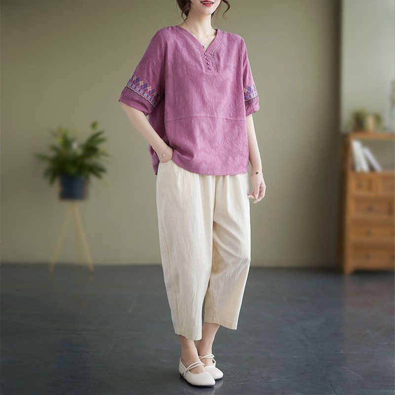 复古民族风中老年妈妈装夏款棉麻宽松中袖V领上衣阔腿裤两件套女,淘宝优惠券,粉丝福利购,淘宝优惠卷