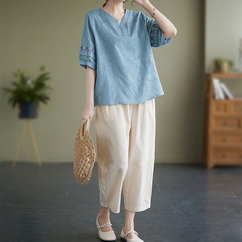 复古民族风中老年妈妈装夏款棉麻宽松中袖V领上衣阔腿裤两件套女,淘宝优惠券,粉丝福利购,淘宝优惠卷