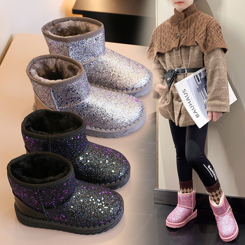秋冬亮片雪地靴防寒保暖外穿男女宝宝加绒加厚时尚超萌小中大童靴
