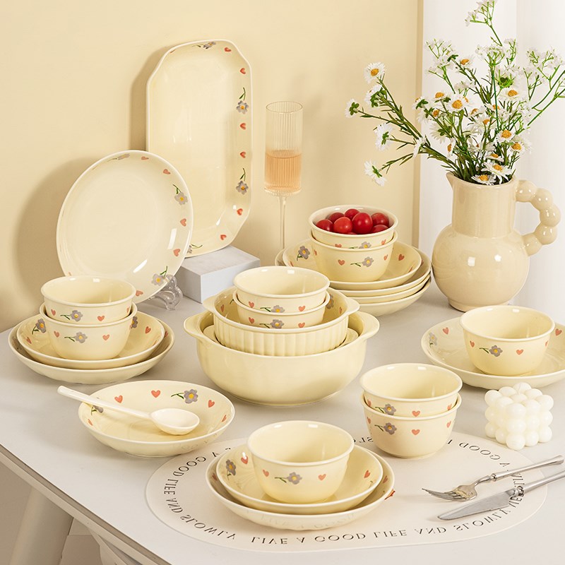碗碟套装家用清新奶油风餐具套装2024新款可爱碗筷套装乔迁礼盒 - 图0