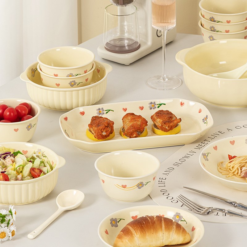 碗碟套装家用清新奶油风餐具套装2024新款可爱碗筷套装乔迁礼盒 - 图1