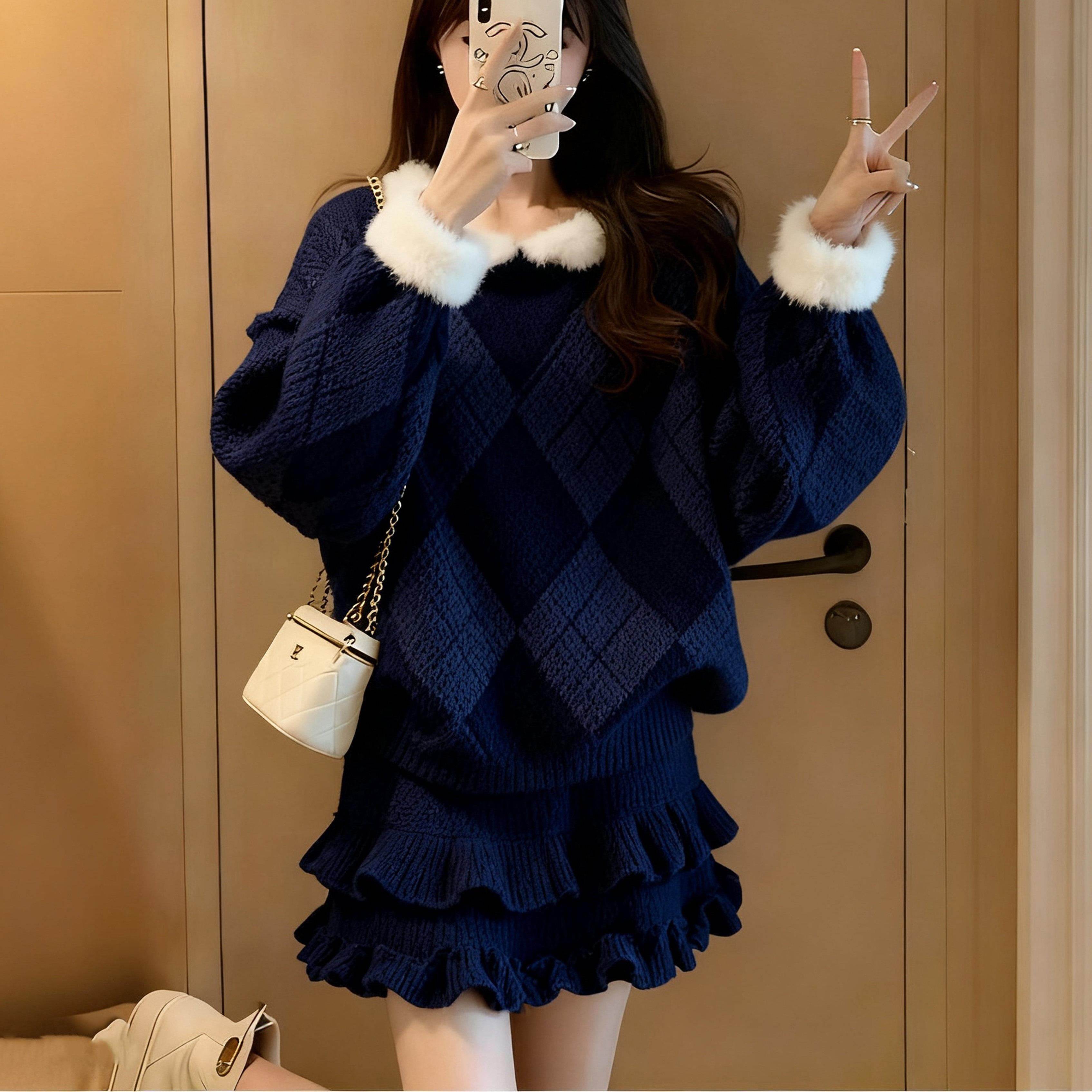 2026新款法式毛绒毛衣花边短裙秋冬针织套装女温柔风两件套,淘宝优惠券,粉丝福利购,淘宝优惠卷