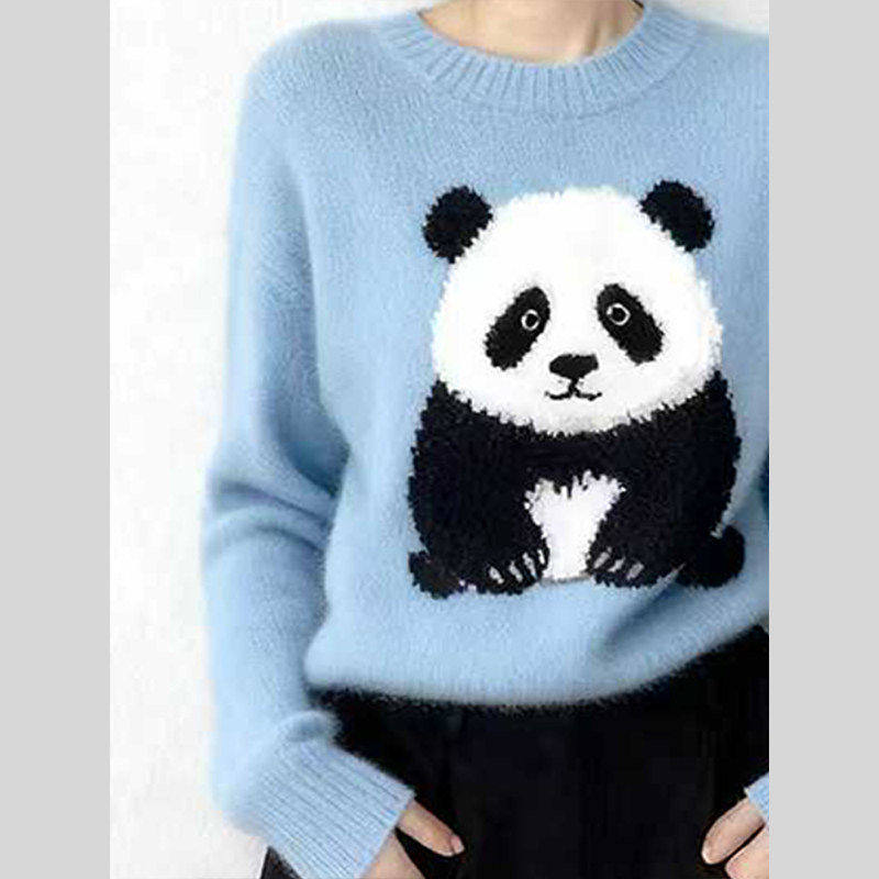 冬新款设计感卡通熊猫针织毛衣女蓝色长袖慵懒高级感内搭上衣2026,淘宝优惠券,粉丝福利购,淘宝优惠卷