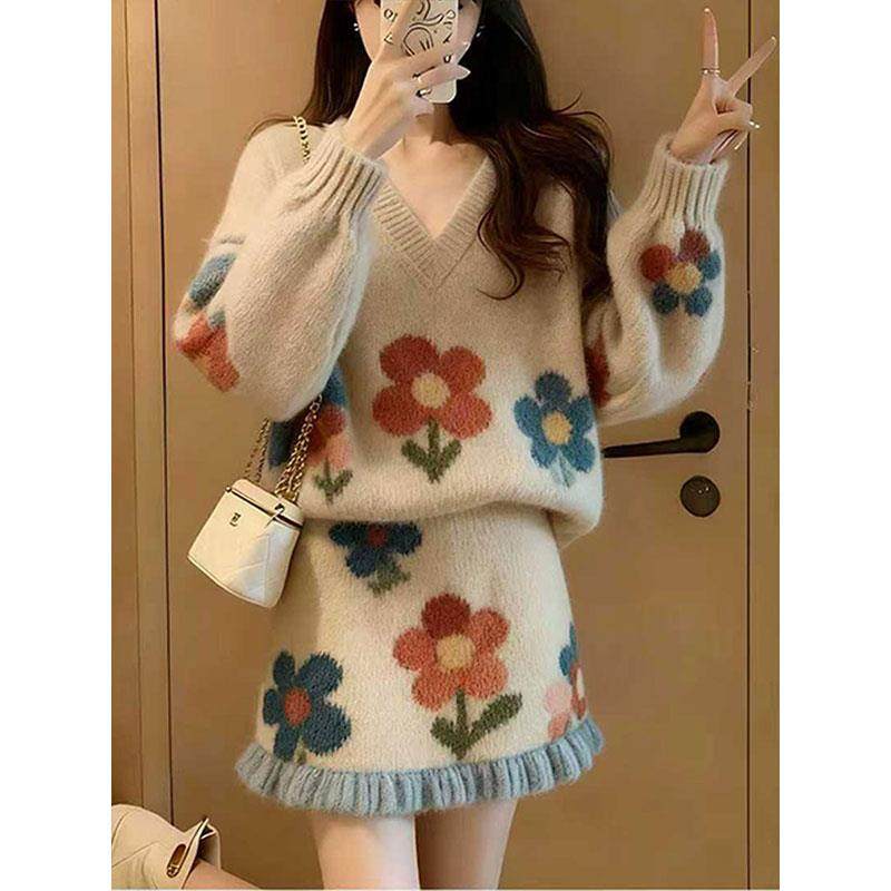 2025休闲新款温柔慵懒风花朵图案针织套装女秋冬毛衣半身裙两件套,淘宝优惠券,粉丝福利购,淘宝优惠卷