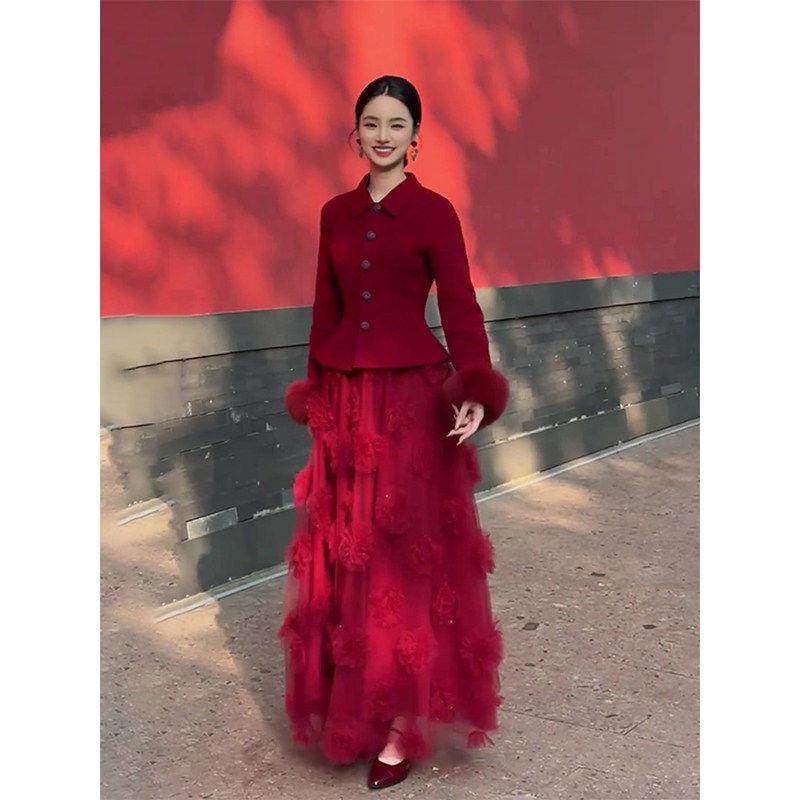 秋冬新款复古风红色翻领套装女收腰气质裙装多裙摆半身裙套装,淘宝优惠券,粉丝福利购,淘宝优惠卷