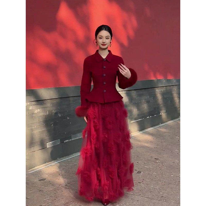 秋冬新款复古风红色翻领套装女收腰气质裙装多裙摆半身裙套装,淘宝优惠券,粉丝福利购,淘宝优惠卷