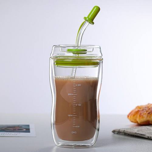 双层玻璃杯吸管杯女月子产妇牛奶耐热带刻度保温儿童孕妇网红水杯 - 图2