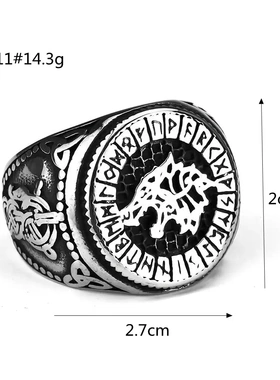 欧美饰品男士钛钢戒指复古维京狼头符文嘻哈风不锈钢个性指环