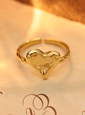 s925银不规则锤纹理爱心戒指女时尚开口指戒韩版小众饰品潮