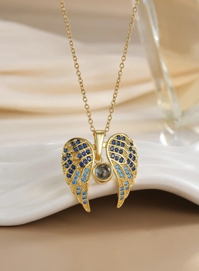 新款天使之翼项链女士照片投影一百种我爱你语言吊坠项链