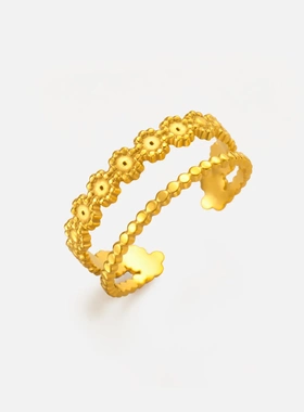 货源18k金油压韩版甜美风不锈钢双层连珠开口戒指