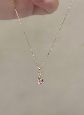 S925纯银粉色水滴吊坠项链女