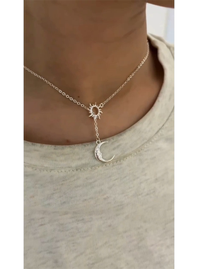 S925纯银人脸弯月太阳浮雕项链女