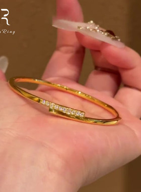 复古金色窄边镶钻交错手镯女
