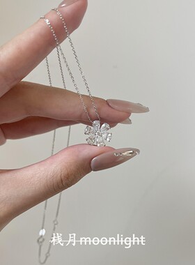 S925纯银冰花切锆石花朵项链女