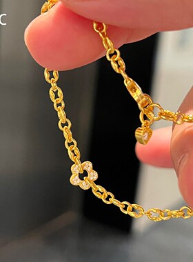S925纯银复古金色闪钻花朵手链女