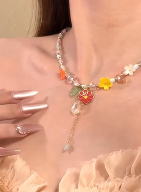 多巴胺串珠花朵吊坠项链女