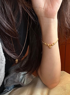 S925纯银复古金色爱心星星手链女