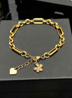 S925纯银复古金色爱心花朵手链女