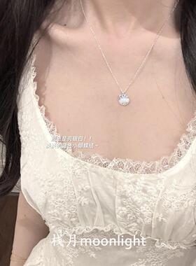 S925纯银色满钻蕾丝贝壳项链女