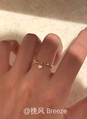 S925纯银金色闪钻爱心戒指女