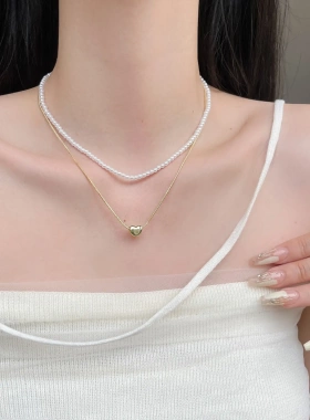 真金电镀法式复古双层豆豆珍珠项链高级感叠戴锁骨链简约百搭配饰