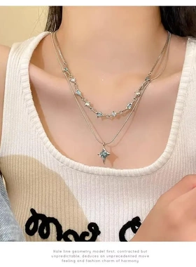 2024新款蓝色四芒星镶钻双层叠戴项链女夏季潮酷辣妹配饰锁骨链