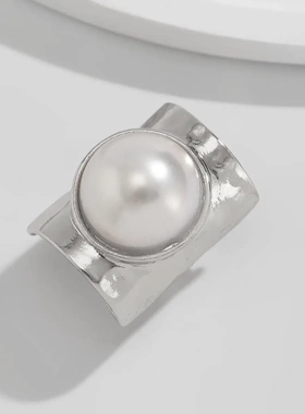 欧美饰品 夸张感镶嵌大珍珠宽戒指 个性几何光面ring关节戒