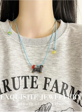 可爱立体卡通腊肠狗吊坠项链女蓝色皮绳长款毛衣链卫衣链配饰