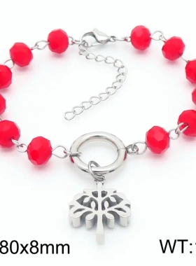 速卖通时尚饰品 时尚复古潮流红色水晶钛钢生命树吊坠手链女