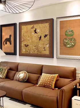 中古风客厅装饰画法式o金钱豹复古大气沙发背景墙挂画新中式三联