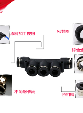 气管接头PK黑色塑料4五通快速6快插8mm五边快接10变径12气动配件