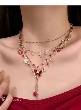 【浪漫绮丽】甜酷风蝴蝶流苏项链双层红色串珠choker小众设计颈链