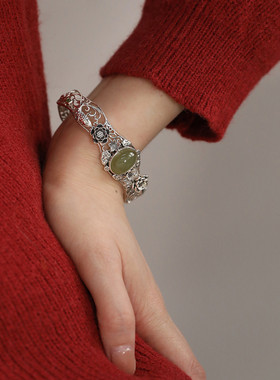 复古新中式锦鲤戏莲花手镯子开口做旧女小众百搭民族风简约高级感