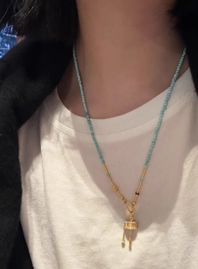 新中式国风绿松石长款项链转运吊坠毛衣链可拆卸挂绳锁骨链女摇铃