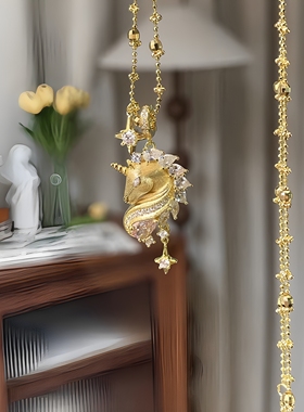 梦幻木马~AP中古拉丝闪钻芒星独角兽吊坠项链女精致高级感锁骨链