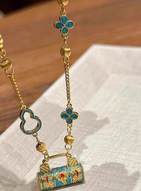新中式青岚锁心青蓝珐琅锁包项链