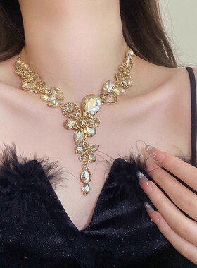 欧美奢华夸张水晶宝石花朵短装饰项链耳环套装时尚礼服晚宴女配饰