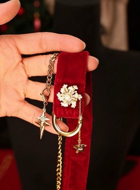金色雪花红丝绒choker项链女设计感小众项圈颈链2026新款毛衣链