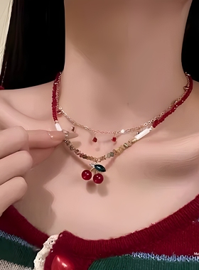 樱珠甜意夏日甜美樱桃吊坠项链女小众设计锁骨链choker颈链串珠