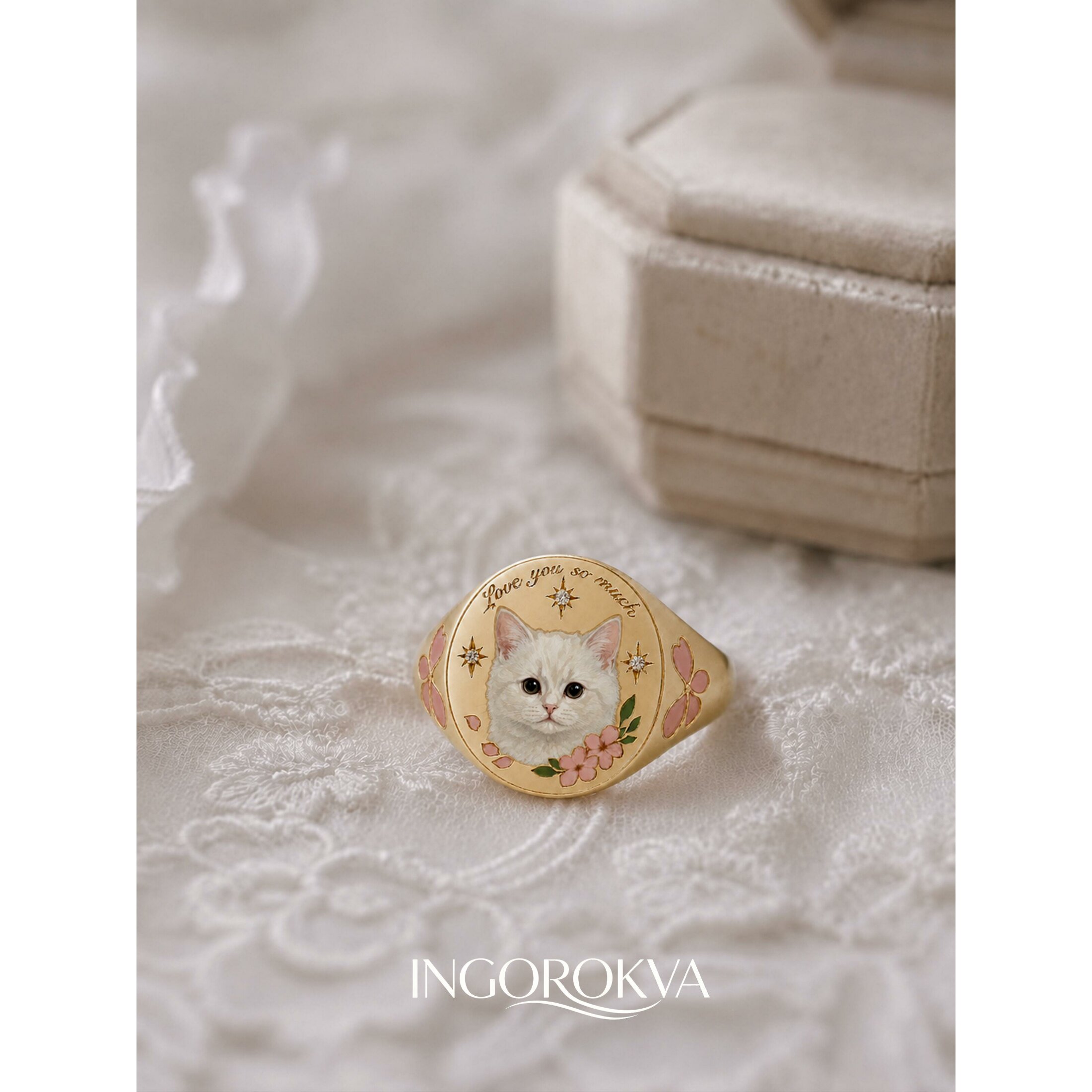 Cute cat head enamel diamond wide ring