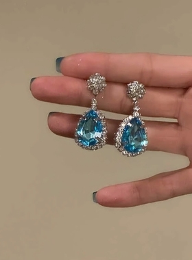 欧美风蓝色水滴锆石项链耳环套装女轻奢气质高级锁骨链清冷蓝耳钉